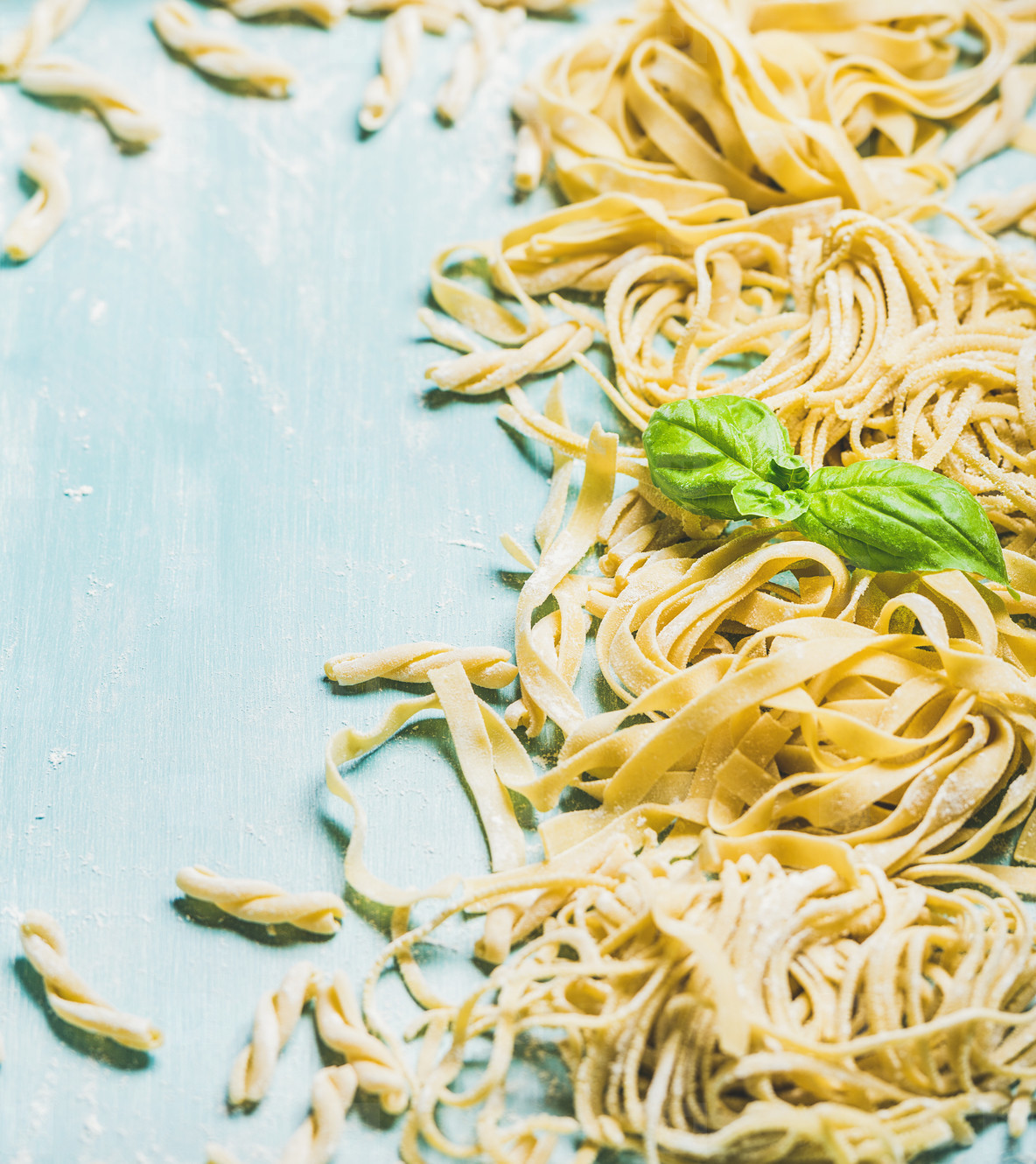 Different kinds of homemade fresh Italian pasta with basil