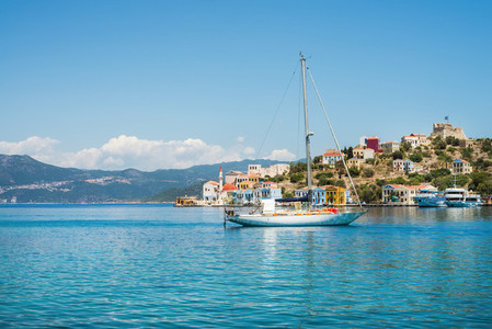 Yacht in bay of Kastelorizo island  Dodecanese  Greec