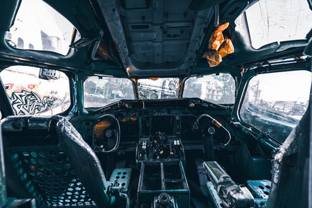 Cockpit of a ruined airplane