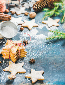 Christmas star shaped gingerbread cookies with cinnamon anise and nuts
