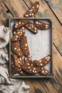 Dark chocolate and sea salt Biscotti with almonds in tray