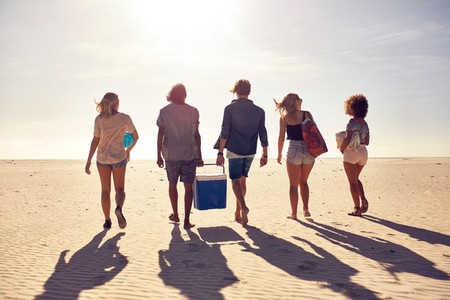 Group of young people on the beach carrying a cooler box
