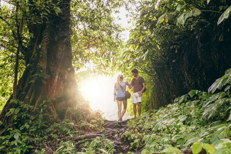 Couple hiking in tropical jungle