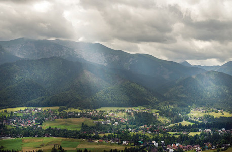 View over green valley village and mountains in Zakopane Poland