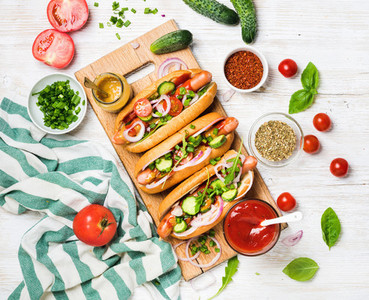 Homemade hot dogs with fresh vegetables  spices  ketchup and mustard