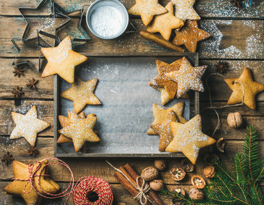 Christmas background with wooden tray in center copy space