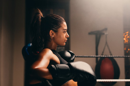 Side profile view of young female boxer in ring