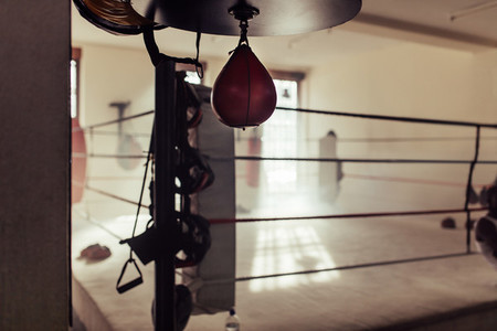 Empty boxing ring with speed bag in foreground