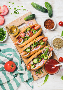 Homemade hot dogs with fresh vegetables and spices over white background