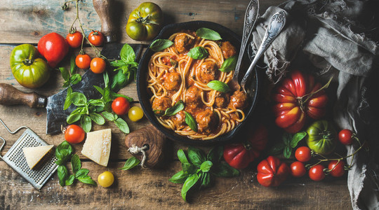 Italian pasta spaghetti with tomato sauce and meatballs