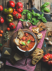 Italian tomato and garlic soup with basil  bread  Parmesan cheese