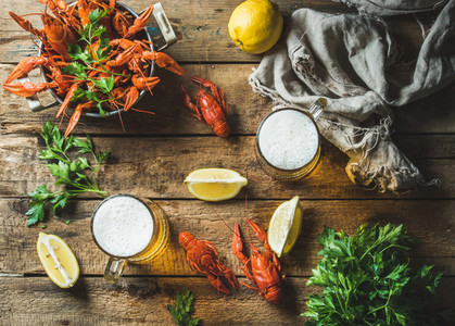 Wheat beer and boiled crayfish with lemon  parsley