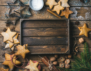 Christmas New Year background with rustic wooden tray in center
