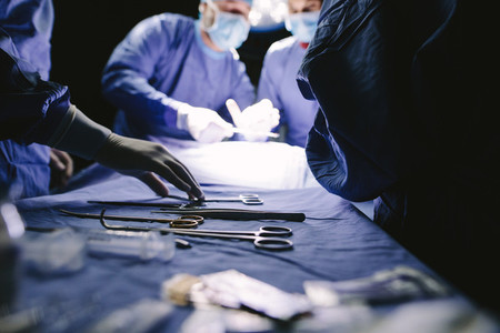 Medical instruments during surgery in operation theater