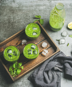 Fresh smoothie with ice cubes mint and lime copy space
