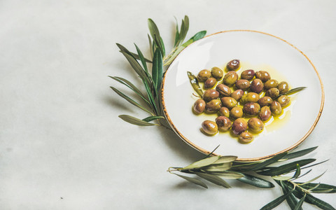 Pickled green Mediterranean olives in oil and olive tree branch