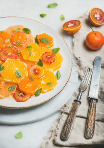 Vegetarian Fresh mixed citrus fruit salad with mint and honey