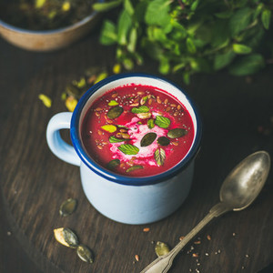 Spring beetroot soup with mint  pistachio  chia  flax  pumpkin seeds