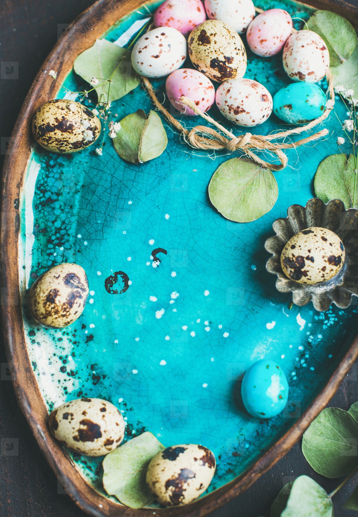 Colorful quail eggs  flowers  leaves for Easter over blue tray