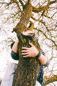 Young man hugging a tree