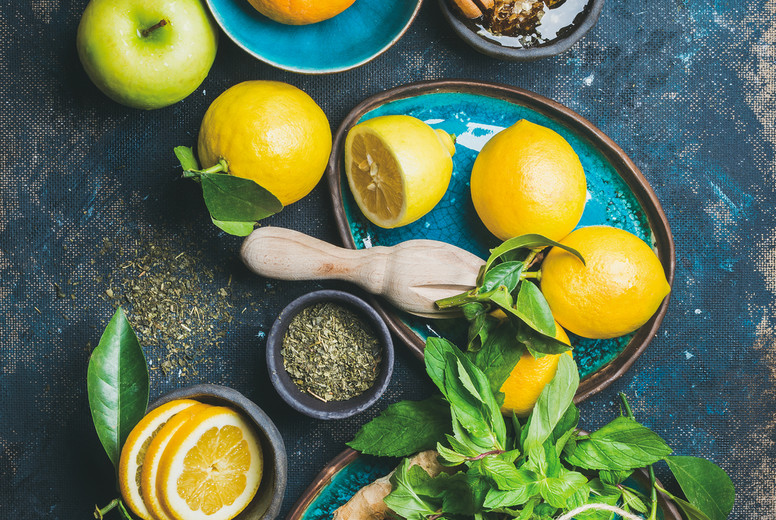 Ingredients for making natural hot drink in blue ceramic plates