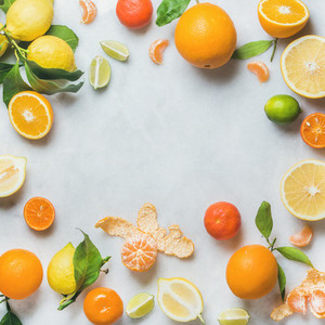 Variety of fresh citrus fruit for making juice or smoothie