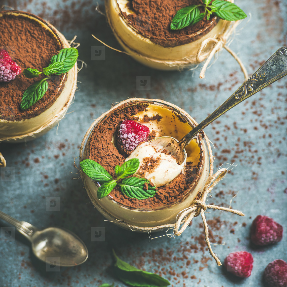 Close up of homemade Italian dessert Tiramisu with mint and raspberries