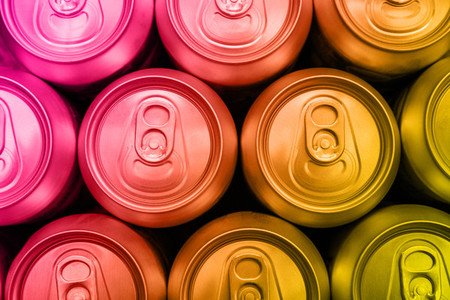 Colorful soda drinks cans overhead