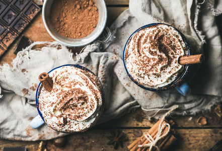 Hot chocolate with whipped cream  cinnamon  nuts and cocoa powder