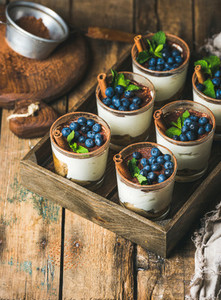 Homemade Tiramisu dessert in glasses with cinnamon  mint  garden blueberries