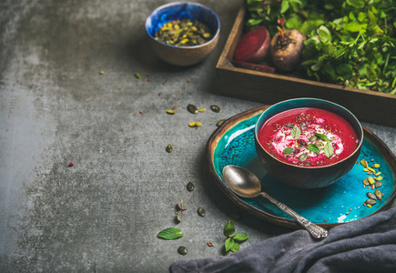 Detox beetroot soup with mint  chia  flax and pumpkin seeds