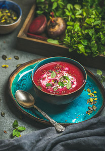 Beetroot soup with mint  chia  flax and pumpkin seeds
