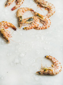 Raw uncooked tiger prawns on chipped ice over grey background