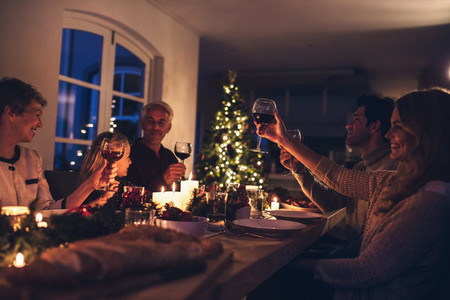 Extended family toasting wine at christmas dinner