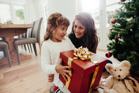 Mother giving Christmas gift to her child