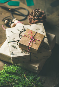 Gift boxes  rope  fur branches  scissors  selective focus