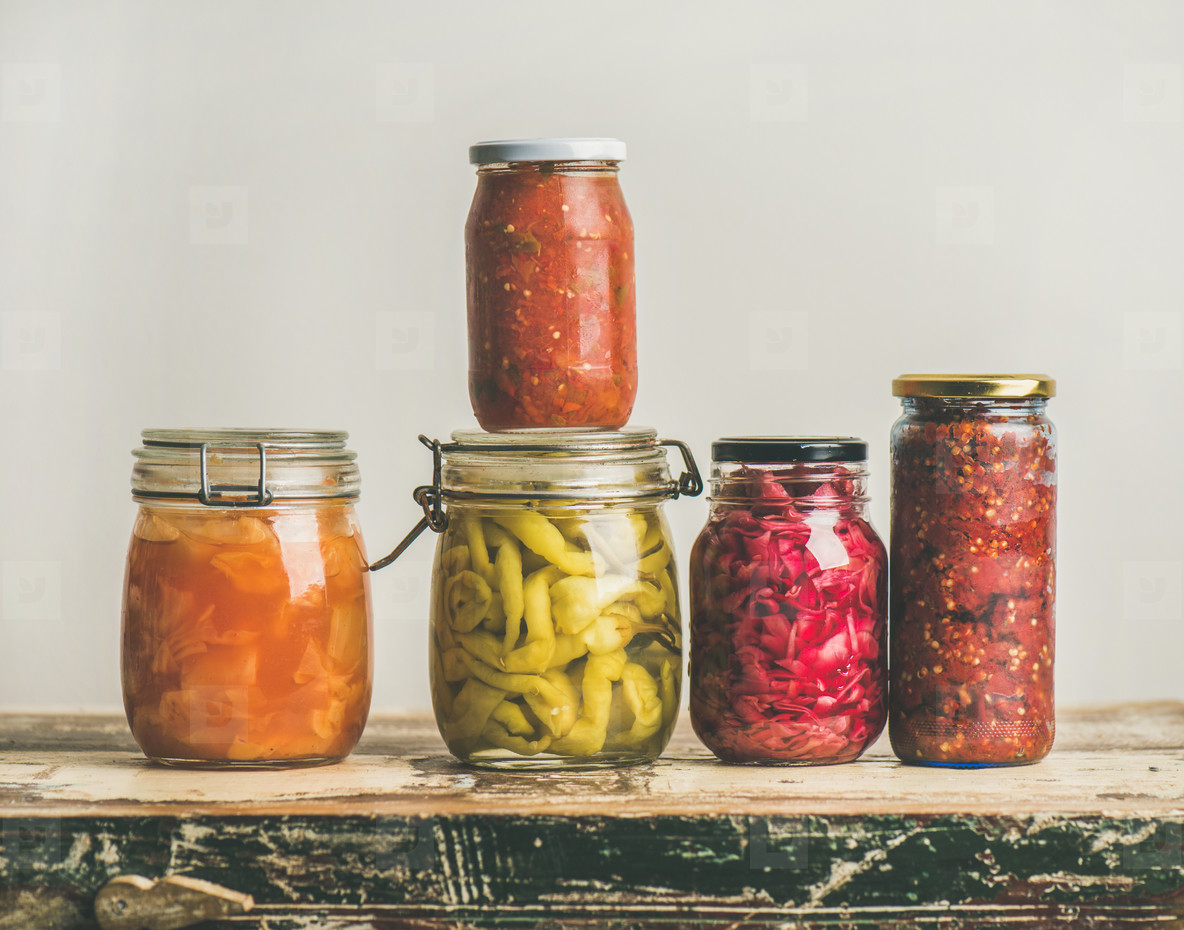 Autumn seasonal pickled or fermented vegetables  copy space