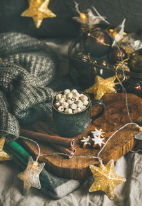 Christmas winter hot chocolate with marshmellows and cinnamon sticks