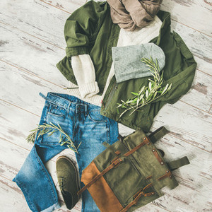 Flat lay of Fall lady039  s outfit on parquet  square crop