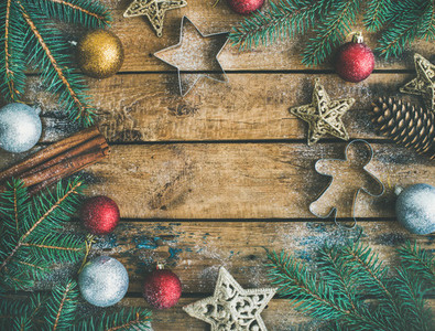 Christmas or New Year holiday decoration flatlay over rustic background
