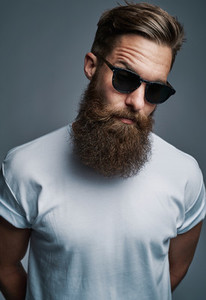 Bearded man in sunglasses with raised eyebrow