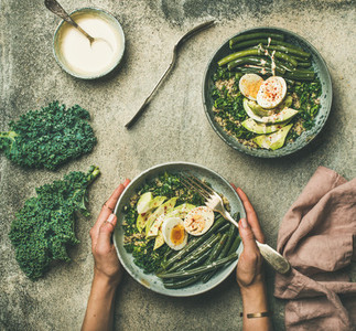 Healthy vegetarian protein rich breakfast bowls flat lay