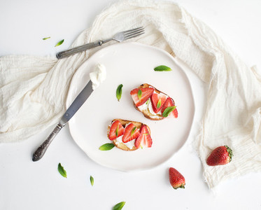 French toasts with strawberry  cream cheese  honey and mint