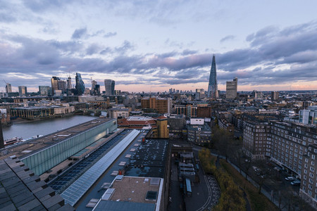 Elevated aerial view of modern London cityscape skyline rooftops