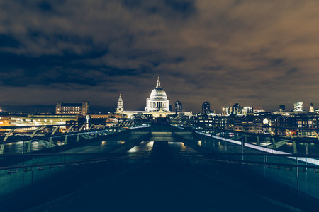 London exposure of London skyline with Millennium Bridge and St