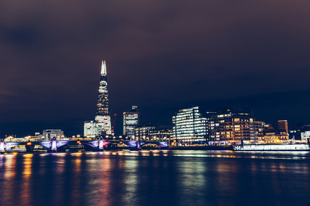 Long exposure shot of modern London cityscape skyline with shard