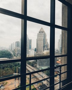 City view through glass windows