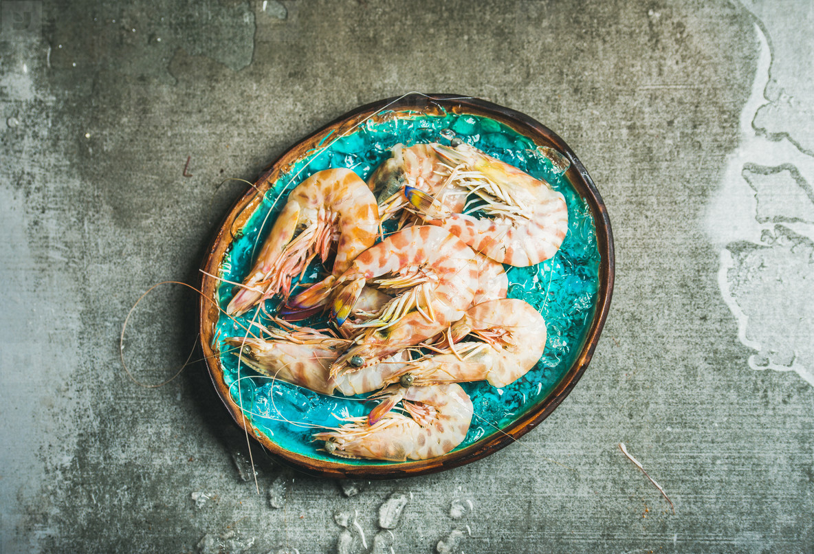 Raw uncooked tiger prawns on chipped ice  copy space