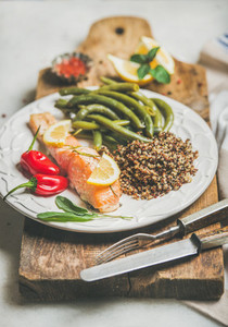 Roasted salmon with quinoa  pepper and poached green beans