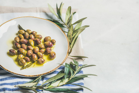 Pickled green Mediterranean olives and olive tree branch  copy space